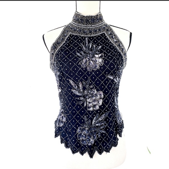 Silk Floral beaded halter evening top - Picture 2 of 8